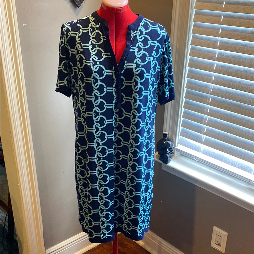Julian Taylor Navy and Light Blue Chain Print Midi Dress